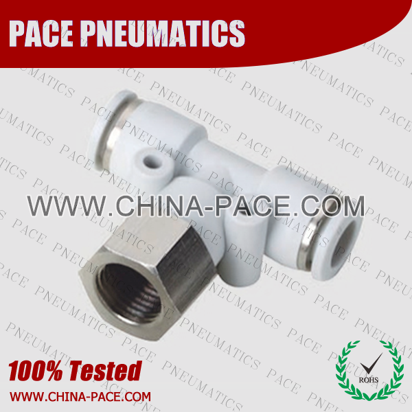Female Branch Tee Grey Color Pneumatic Fittings, White Push To Connect Fittings, Air Fittings, white color push in fittings, Push In Air Fittings, Composite Push In Fittings, Polymer push to connect Fittings, Air Flow Speed Control valve, Hand Valve, pneumatic component
